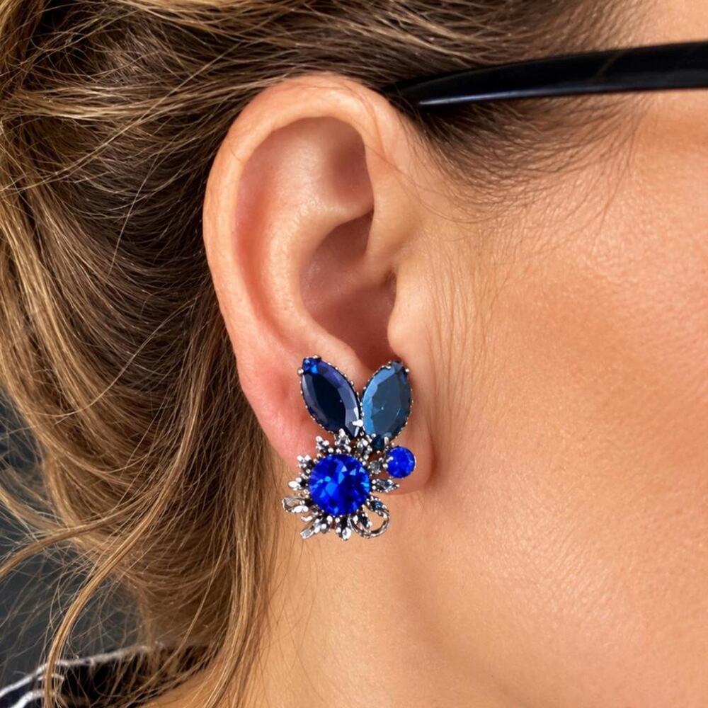 Vintage 1950s Sapphire Blue & Teal Rhinestone Floral Starburst Clip-On Earrings